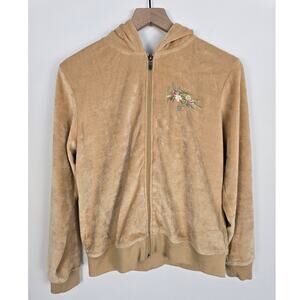 BCBGMAXAZRIA Camel Brown Velour Zip Hoodie Beaded Sequin Peacock Floral Size XL